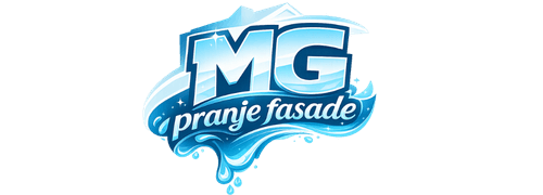 Logo tvrtke MG pranje fasade s velikim plavim slovima "MG" na vrhu i stiliziranim vodenim efektima oko natpisa "pranje fasade". Dizajn asocira na svježinu, čistoću i profesionalnu uslugu čišćenja eksterijera.