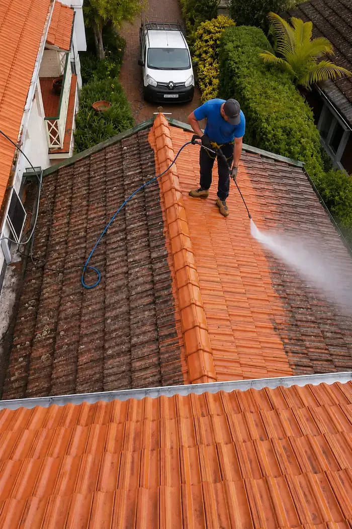 Radnik u plavoj majici pere krov visokotlačnim peračem – pranje krova.