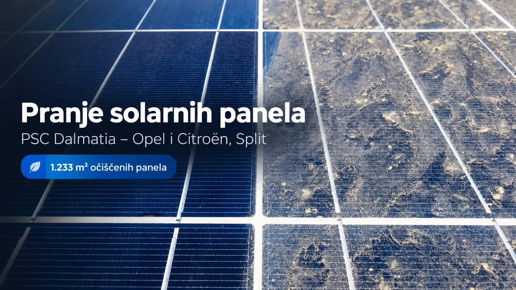 Pranje solarnih panela na objektu PSC Dalmatia – Opel i Citroën u Splitu, 1.233 m² očišćenih panela.