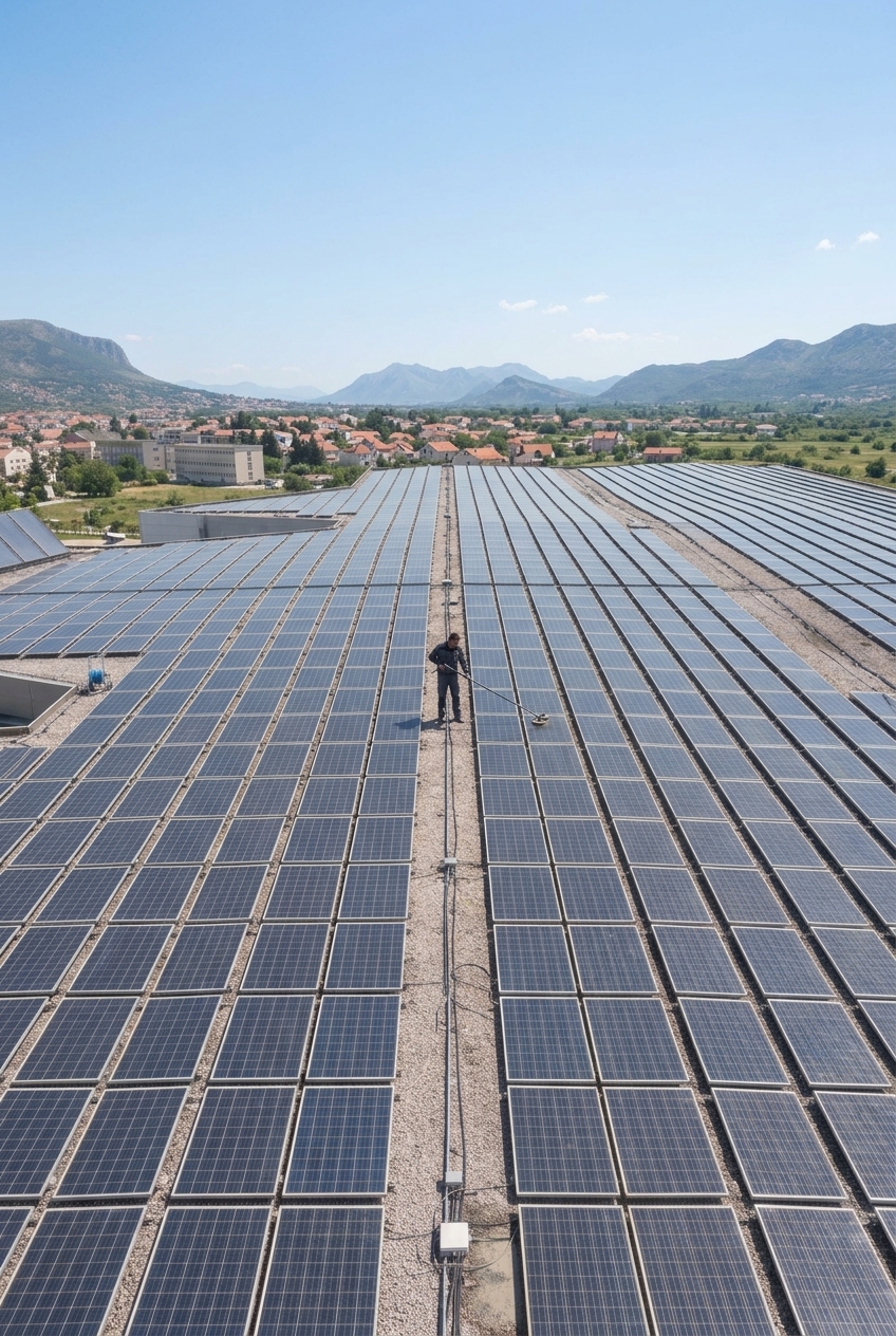 Pranje solarnih panela fotografirano dronom